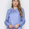 Однотонная блузка с бантом и длинным рукавом голубая Жанна