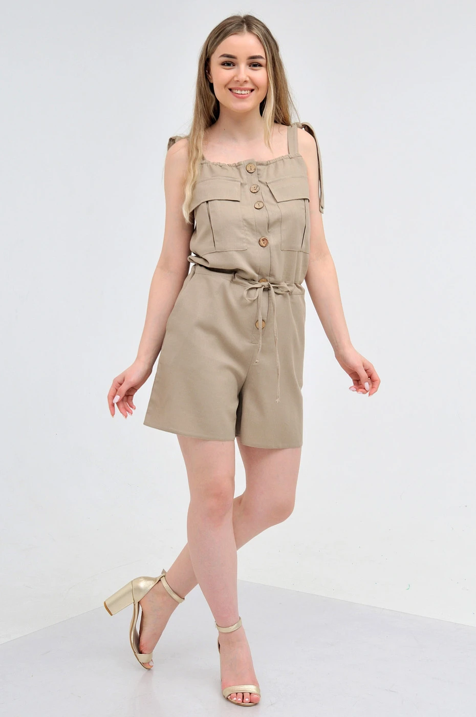 Однотонный комбинезон-шорты из льна Max Mara кофейного цвета Korsika