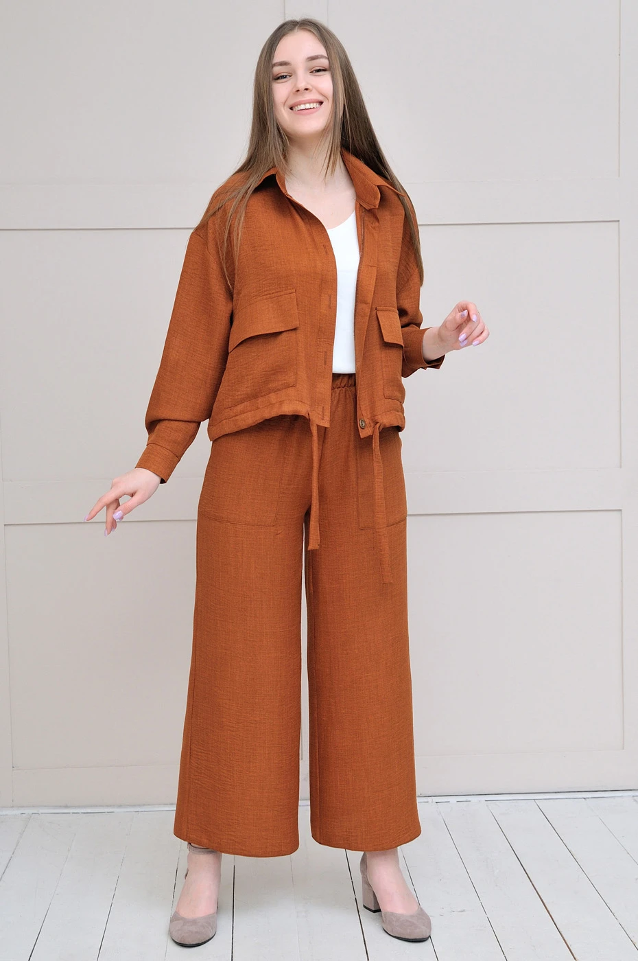 Костюм с кюлотами из льна Max Mara терракотового цвета Омеgа