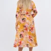 Горчичное платье на запах с длинным рукавом в цветочный принт Viola