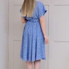 Платье с имитацией на запах под пояс в горошек голубое Katrin