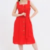 Красный сарафан из льна на широких бретельках под пояс Safari